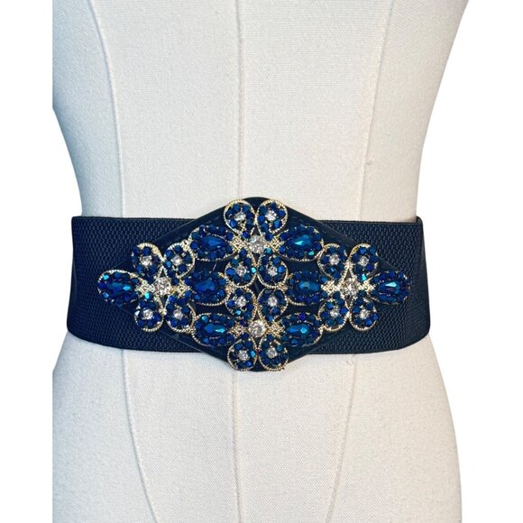 NEW 2/$30 Vintage Style Begonia Blue Rhinestone Floral Stretch Belt Snap Closure - Picture 3 of 8